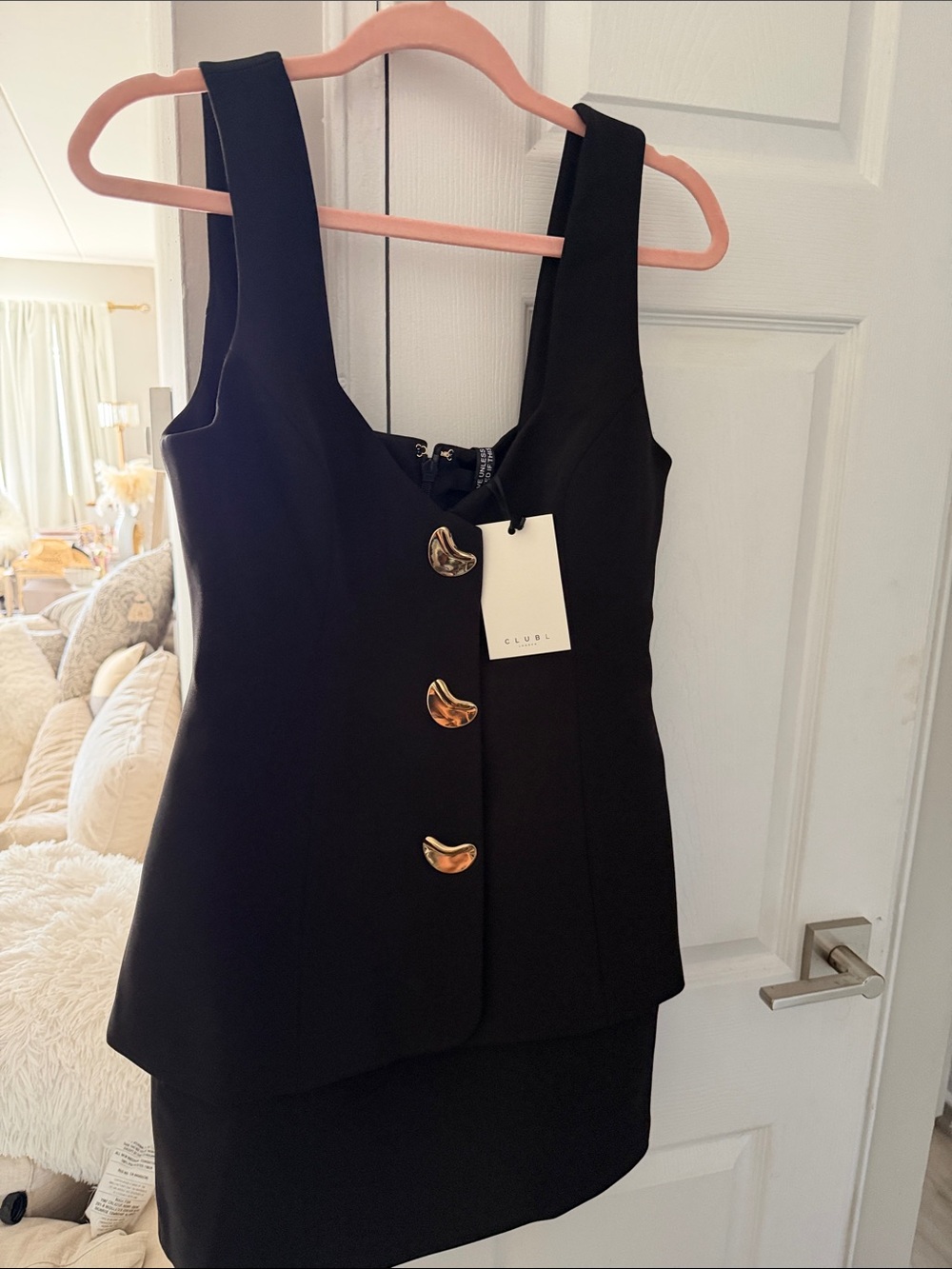 Club L London Black Mini Dress with Gold Buttons